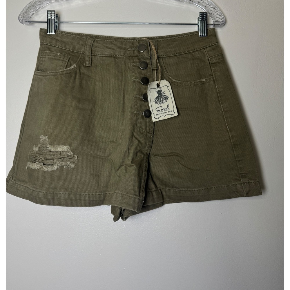 Easel Los Angeles Olive Green Distressed Button Fly Cotton Shorts Skort Womens S